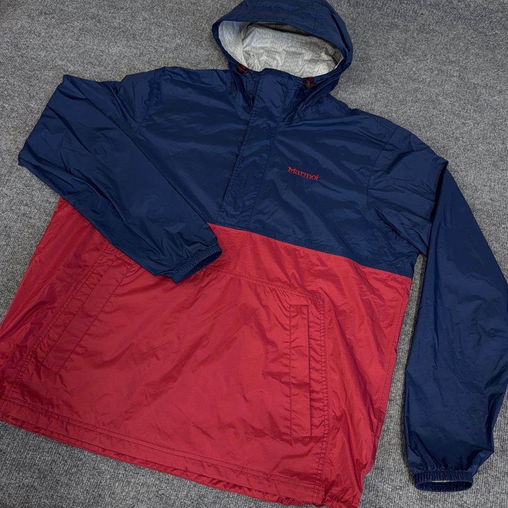 Marmot Rain Jacket Men XL Red Navy Blue Colorblock Precip ECO 1/2 Zip Waterproof